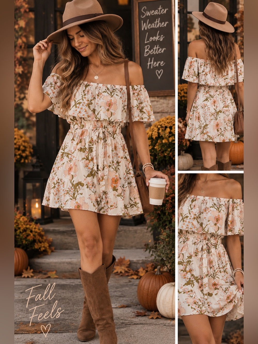 O'Neill Cream Off-Shoulder Floral Mini Dress with Pink Peach Blooms Size Medium